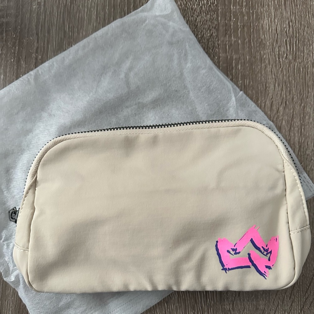 Beige Fanny Pack with Pink Logo
